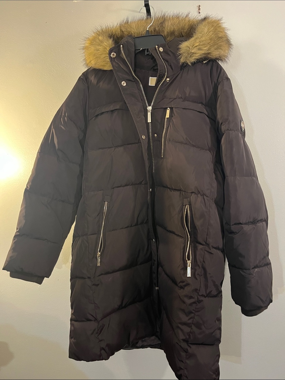 Michael Kors Black Long Puffer Coat with Faux Fur Trim
